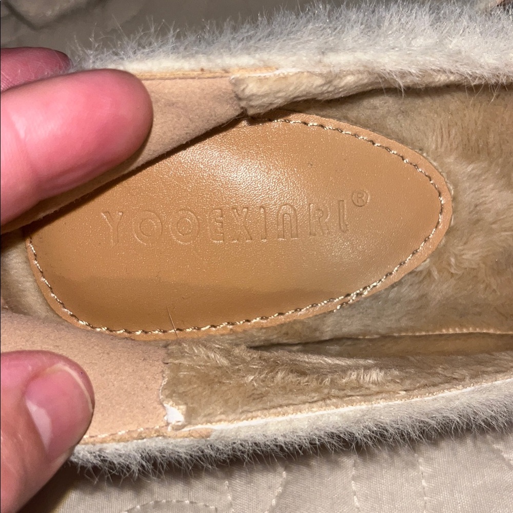 YOOEXINRI Cream Fuzzy loafers with Pearl Accent